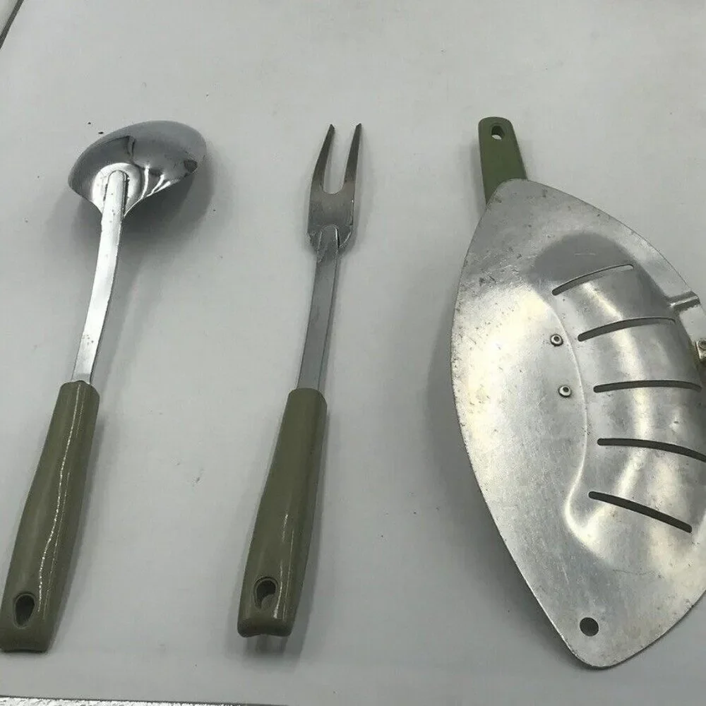 Vintage Chromium Plated Ekco USA Kitchen Utensil Lot Avocado Green Campbells S&P